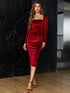Elegant Wine Velvet Midi Party Dress for Women with Long Sleeves and Square Collar
